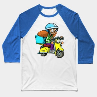 girl from a courier service on a motorcycle delivers a package Baseball T-Shirt